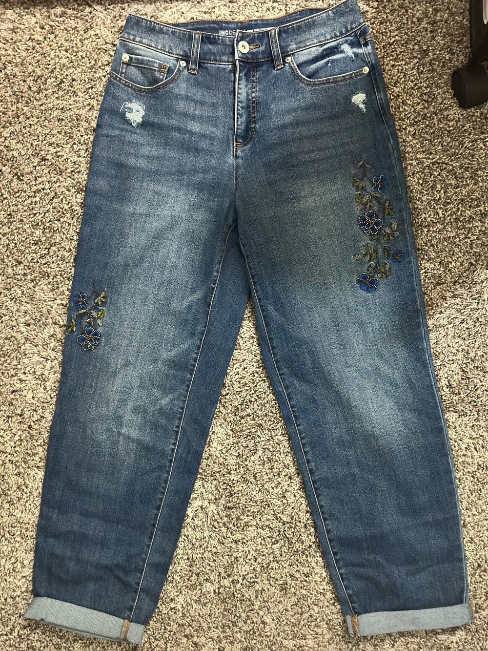 INC International Concepts Blue Embroidered Boyfriend Jeans